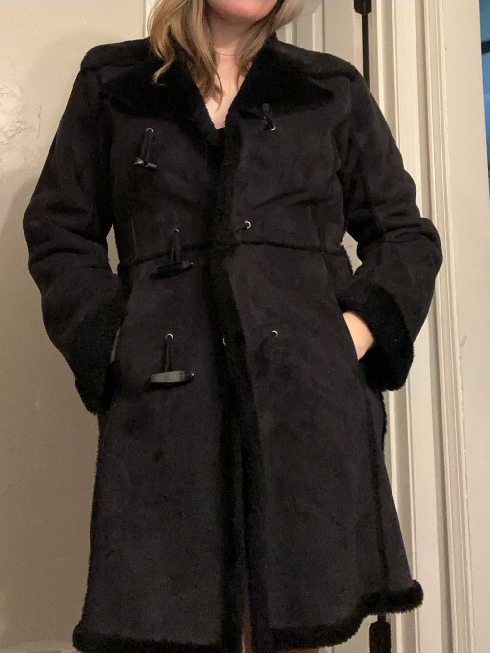 Anne Klein Black Faux-Shearling Toggle Trench Coat
